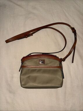 Dooney & Bourke Olive Nylon Crossbody with Brown Leather Trim and Red Zip